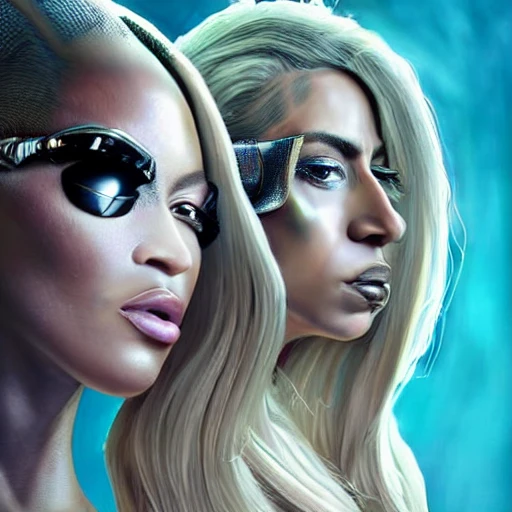 very detailed Hyper realistic photo of [beyonce  and lady Gaga as cyborg queens], highly detailed, digital painting, artstation, 8k, concept art, smooth, sharp focus, illustration, cinematic lighting, high octane render, detailed environment, [extremly detailed face], [perfect human face], art by Travis Goldmann-Couch and Ivan Laliashvili and tomasz alen kopera and justin, high key lighting, highly detailed, fine detail, intricate, award - winning, fantasy, 3D,