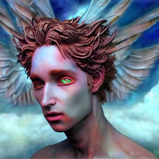 very detailed Hyper realistic 3d photo, of [eros god of sex] with wings, in haven, highly detailed, digital painting, art by Mario Nevado, trippy, 8 k, smooth, [sharp focus], fluorescent skin, unreal engine 5 rendered, illustration, cinematic lighting, [high octane render], detailed environment], [extremely detailed face], [perfect human face],Trippy, greek, high key lighting,  highly detailed, fine detail, intricate, award - winning, fantasy, 3D, [no watermarks], Use Face Correction:10, Use Upscaling: RealESRGAN_x4plus, 