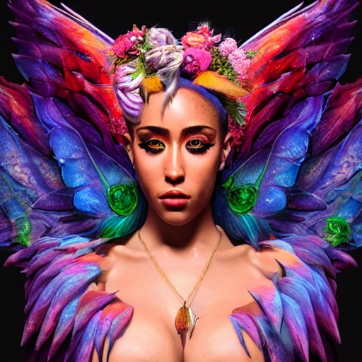 very detailed Hyper realistic 3d photo, of [doja cat as goddess], with wings highly detailed, digital painting, art by Mario Nevado, trippy, 8 k, smooth, [sharp focus], fluorescent skin, unreal engine 5 rendered, illustration, cinematic lighting, [high octane render], detailed environment], [extremely detailed face], [perfect human face], high key lighting,  highly detailed, fine detail, intricate, award - winning, fantasy, 3D, [no watermarks], Use Face Correction:10, Use Upscaling: RealESRGAN_x4plus, 