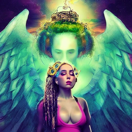 very detailed Hyper realistic 3d photo, of [doja cat as goddess], with angel wings highly detailed, digital painting, art by Mario Nevado, trippy, 8 k, smooth, [sharp focus], fluorescent skin, unreal engine 5 rendered, illustration, cinematic lighting, [high octane render], detailed environment], [extremely detailed face], [perfect human face], high key lighting,  highly detailed, fine detail, intricate, award - winning, fantasy, 3D, [no watermarks], Use Face Correction:10, Use Upscaling: RealESRGAN_x4plus, 