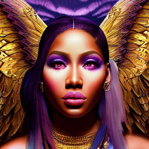 very detailed Hyper realistic 3d photo, of [nicki Minaj as goddess], with angel wings highly detailed, digital painting, art by Mario Nevado, trippy, 8 k, smooth, [sharp focus], fluorescent skin, unreal engine 5 rendered, illustration, cinematic lighting, [high octane render], detailed environment], [extremely detailed face], [perfect human face], high key lighting,  highly detailed, fine detail, intricate, award - winning, fantasy, 3D, [no watermarks], Use Face Correction:10, Use Upscaling: RealESRGAN_x4plus, 