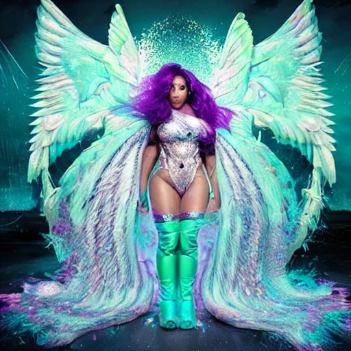 very detailed Hyper realistic 3d photo, of [nicki Minaj as goddess], with angel wings highly detailed, digital painting, art by Mario Nevado, trippy, 8 k, smooth, [sharp focus], fluorescent skin, unreal engine 5 rendered, illustration, cinematic lighting, [high octane render], detailed environment], [extremely detailed face], [perfect human face], high key lighting,  highly detailed, fine detail, intricate, award - winning, fantasy, 3D, [no watermarks], Use Face Correction:10, Use Upscaling: RealESRGAN_x4plus, 