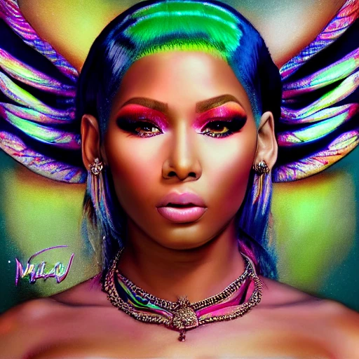 very detailed Hyper realistic 3d photo, of [nicki Minaj as goddess], with angel wings highly detailed, digital painting, art by Mario Nevado, trippy, 8 k, smooth, [sharp focus], fluorescent skin, unreal engine 5 rendered, illustration, cinematic lighting, [high octane render], detailed environment], [extremely detailed face], [perfect human face], high key lighting,  highly detailed, fine detail, intricate, award - winning, fantasy, 3D, [no watermarks], Use Face Correction:10, Use Upscaling: RealESRGAN_x4plus, 