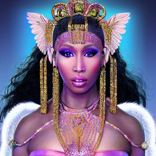 very detailed Hyper realistic 3d photo, of [nicki Minaj as goddess], with angel wings highly detailed, digital painting, 8 k, smooth, [sharp focus], fluorescent skin, unreal engine 5 rendered, illustration, cinematic lighting, [high octane render], detailed environment], [extremely detailed face], [perfect human face], high key lighting,  highly detailed, fine detail, intricate, award - winning, fantasy, 3D, [no watermarks], Use Face Correction:10, Use Upscaling: RealESRGAN_x4plus, 