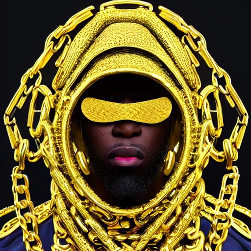 very detailed Hyper realistic album cover, of [rapper with Ninja mask] gold chains, highly detailed, digital painting, 8 k, smooth, [sharp focus], fluorescent skin, unreal engine 5 rendered, illustration, cinematic lighting, [high octane render], detailed environment], [extremely detailed face], [perfect human face], high key lighting,  highly detailed, fine detail, intricate, award - winning, fantasy, 3D, [no watermarks], Use Face Correction:10, Use Upscaling: RealESRGAN_x4plus, 