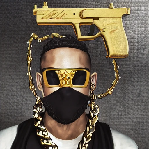 very detailed Hyper realistic album cover, of [rapper with Ninja mask], gold diamond chains on neck, with guns and drugs in background, highly detailed, digital painting, 8 k, smooth, [sharp focus], fluorescent skin, unreal engine 5 rendered, illustration, cinematic lighting, [high octane render], detailed environment], [extremely detailed face], [perfect human face], high key lighting,  highly detailed, fine detail, intricate, award - winning, fantasy, 3D, [no watermarks], Use Face Correction:10, Use Upscaling: RealESRGAN_x4plus, 