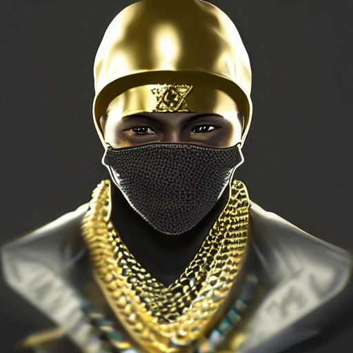 very detailed Hyper realistic album cover, of [hip-hop artist with Ninja mask], gold diamond chains on neck, with guns in background, highly detailed, digital painting, 8 k, smooth, [sharp focus], fluorescent skin, unreal engine 5 rendered, illustration, cinematic lighting, [high octane render], detailed environment], [extremely detailed face], [perfect human face], high key lighting,  highly detailed, fine detail, intricate, award - winning, fantasy, 3D, [no watermarks], Use Face Correction:10, Use Upscaling: RealESRGAN_x4plus, 