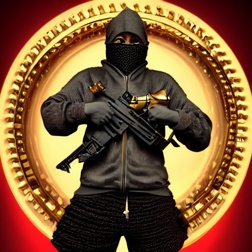 very detailed Hyper realistic album cover, of [hip-hop artist with Ninja mask], gold diamond chains on neck, with guns in background, highly detailed, digital painting, 8 k, smooth, [sharp focus], fluorescent skin, unreal engine 5 rendered, illustration, cinematic lighting, [high octane render], detailed environment], [extremely detailed face], [perfect human face], high key lighting,  highly detailed, fine detail, intricate, award - winning, fantasy, 3D, [no watermarks], Use Face Correction:10, Use Upscaling: RealESRGAN_x4plus, 