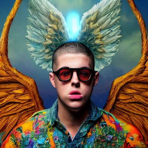 very detailed Hyper realistic 3d photo, of [bad bunny as god], with angel wings highly detailed, digital painting, art by Mario Nevado, trippy, 8 k, smooth, [sharp focus], fluorescent skin, unreal engine 5 rendered, illustration, cinematic lighting, [high octane render], detailed environment], [extremely detailed face], [perfect human face], high key lighting,  highly detailed, fine detail, intricate, award - winning, fantasy, 3D, [no watermarks], Use Face Correction:10, Use Upscaling: RealESRGAN_x4plus, 