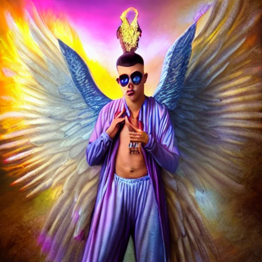 very detailed Hyper realistic 3d photo, of [bad bunny as god], with angel wings highly detailed, in packed arena, digital painting, art by Mario Nevado, trippy, third eye 8 k, smooth, [sharp focus], fluorescent skin, unreal engine 5 rendered, illustration, cinematic lighting, [high octane render], detailed environment], [extremely detailed face], [perfect human face], high key lighting,  highly detailed, fine detail, intricate, award - winning, fantasy, 3D, [no watermarks], Use Face Correction:10, Use Upscaling: RealESRGAN_x4plus, 