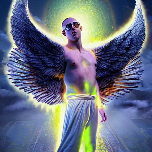 very detailed Hyper realistic 3d photo, of [bad bunny as god of light], with angel wings highly detailed, in packed arena, digital painting, art by Mario Nevado, trippy,8k, smooth, [sharp focus], fluorescent skin, unreal engine 5 rendered, illustration, cinematic lighting, [high octane render], detailed environment], [extremely detailed face], [perfect human face], high key lighting,  highly detailed, fine detail, intricate, award - winning, fantasy, 3D, [no watermarks], Use Face Correction:10, Use Upscaling: RealESRGAN_x4plus, 