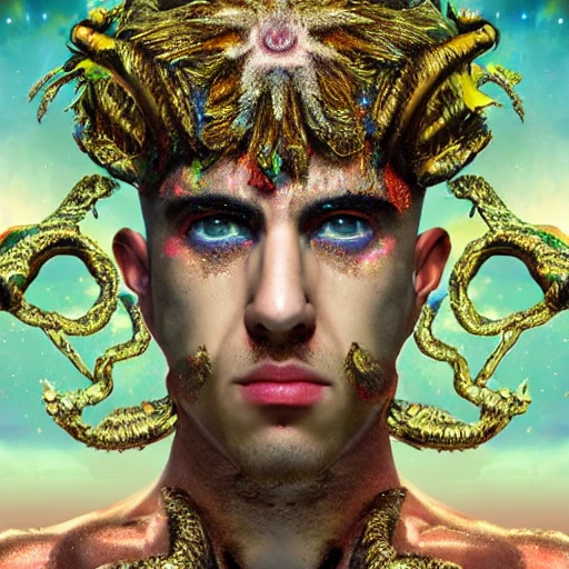 very detailed Hyper realistic 3d photo, of [bad bunny, as celestial deities,] highly detailed, digital painting, art by Mario Nevado, trippy, 8 k, smooth, [sharp focus], fluorescent skin, unreal engine 5 rendered, illustration, cinematic lighting, [high octane render], detailed environment], [extremely detailed face], [perfect human face], high key lighting,  highly detailed, fine detail, intricate, award - winning, fantasy, 3D, [no watermarks], Use Face Correction:10, Use Upscaling: RealESRGAN_x4plus, 