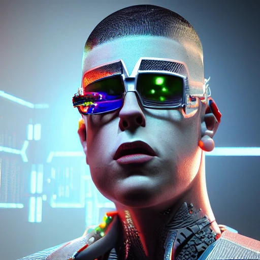 very detailed Hyper realistic 3d photo, of [bad bunny as cyborg], with wepons highly detailed, star trek, terminator ,digital painting, trippy, 8k, smooth, [sharp focus], fluorescent skin, unreal engine 5 rendered, illustration, cinematic lighting, [high octane render], detailed environment], [extremely detailed face], [perfect human face], high key lighting,  highly detailed, fine detail, intricate, award - winning, fantasy, 3D, [no watermarks], Use Face Correction:10, Use Upscaling: RealESRGAN_x4plus, 