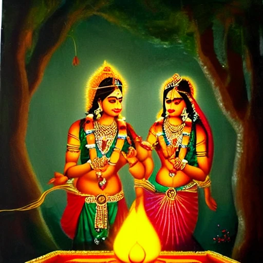 , Oil Painting, radha krishna lighting diyas on deepawali