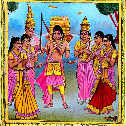 lord ram returning to ayodhya detailed high quality people celebrating with crackers, Cartoon