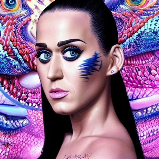 very detailed Hyper realistic 3d photo, of [katy perry as Reptilian human], highly detailed, digital masterpiece ,trippy, 8k, smooth, [sharp focus], fluorescent skin, unreal engine 5 rendered, illustration, cinematic lighting, [high octane render], detailed environment], [extremely detailed face], [perfect human face], high key lighting,  highly detailed, fine detail, intricate, award - winning, fantasy, 3D, [no watermarks], Use Face Correction:10, Use Upscaling: RealESRGAN_x4plus, 