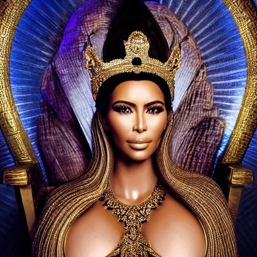 very detailed Hyper realistic 3d photo, of [kim kardashian as goddess ], in heaven on throne chair highly detailed, digital masterpiece , evil, trippy, 8k, smooth, [sharp focus], fluorescent skin, unreal engine 5 rendered, illustration, cinematic lighting, [high octane render], detailed environment], [extremely detailed face], [perfect human face], high key lighting,  highly detailed, fine detail, intricate, award - winning, fantasy, 3D, [no watermarks], Use Face Correction:10, Use Upscaling: RealESRGAN_x4plus, 
