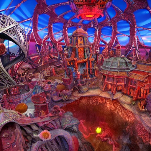 very detailed Hyper realistic 3d photo, of amusement park in hell, art deco, very detailed, very realistic, Detailed and Intricate, Geometric, CGI, PBR, highly detailed, demons and goblins,digital masterpiece ,trippy, 8k, smooth, [sharp focus], unreal engine 5 rendered, illustration, cinematic lighting, [high octane render], detailed environment], [high key lighting,  highly detailed, fine detail, intricate, award - winning, fantasy, 3D,, Trippy