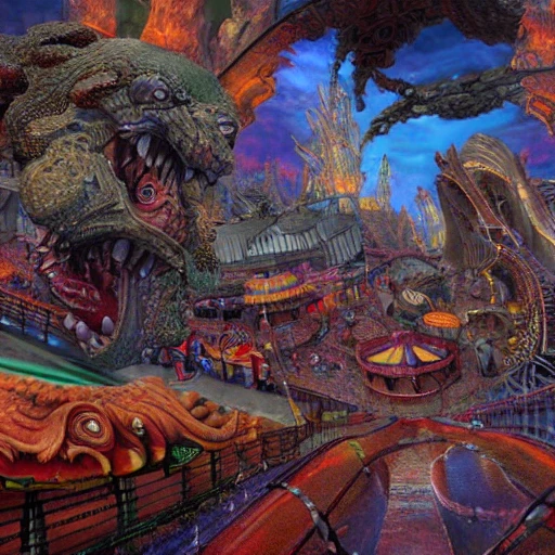 very detailed Hyper realistic landscape 3d photo, of amusement park in hell, art deco, very detailed, very realistic, Detailed and Intricate, Geometric, CGI, PBR, highly detailed, demons and goblins,digital masterpiece ,trippy, 8k, smooth, [sharp focus], unreal engine 5 rendered, illustration, cinematic lighting, [high octane render], detailed environment], [high key lighting,  highly detailed, fine detail, intricate, award - winning, fantasy, 3D,, Trippy