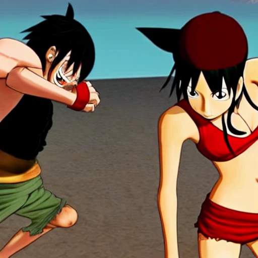 Monkey D luffy is fighting with Tifa lockhart。 3D.
Tifa is a beautiful girl.