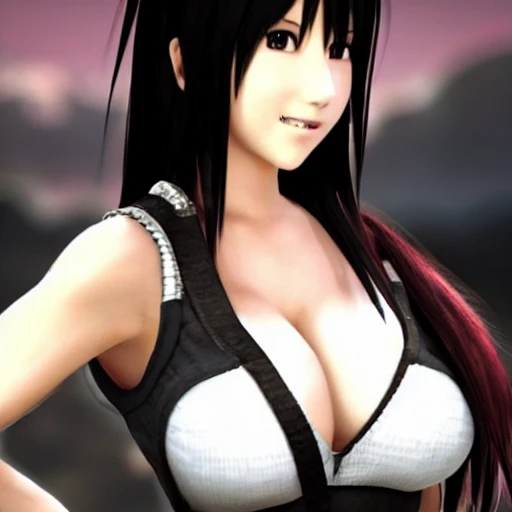 Tifa is a beautiful girl in final fantasy。
she is trying to show her ability to us. and she is smiling with strong confidence.