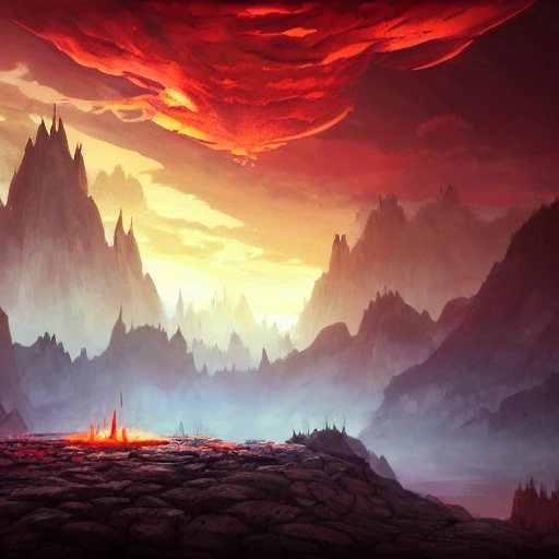 concept art painting of underworld landscape, dark red sky, realistic, detailed, souls entering hell fire pit, cel shaded, in the style of makoto shinkai and greg rutkowski and albert bierstadt and james gurney, demon king castle 