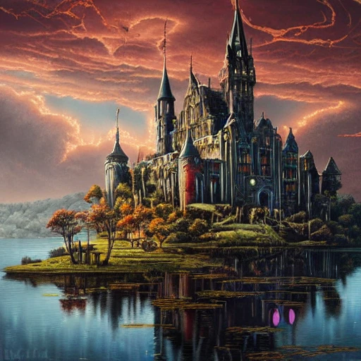 Very detailed Hyper realistic oil painting of supream witch castle landscape, fantasy, dark red sky, realistic, detailed, cel shaded, evil, lighting in sky, nightmare, hyperrealistic, 4 k, unreal engine, stranger things, by joe fenton, by greg rutkowski, by greg tocchini, by kaws, by kate beaton, by kaethe butcher, , Trippy, 3D, award-winning 