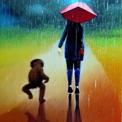 A woman and a monkey walking in the rain, Oil Painting