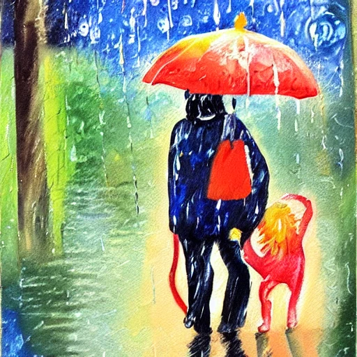 A woman and a monkey walking in the rain, Oil Painting, Water Color