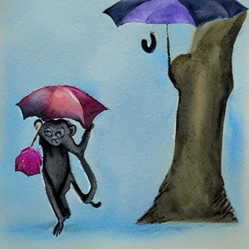 two monkeys with umbrella walking in the rain, Water Color