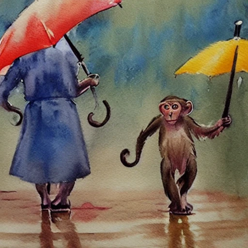 two monkeys with umbrella walking in the rain, Water Color, Oil Painting