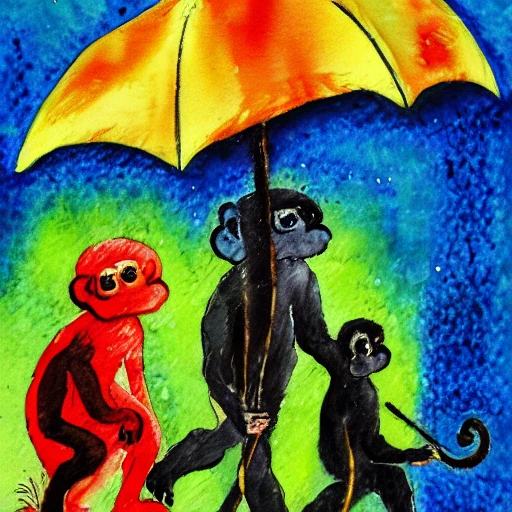 two monkeys with umbrella walking in the rain, Water Color, Oil Painting, Cartoon