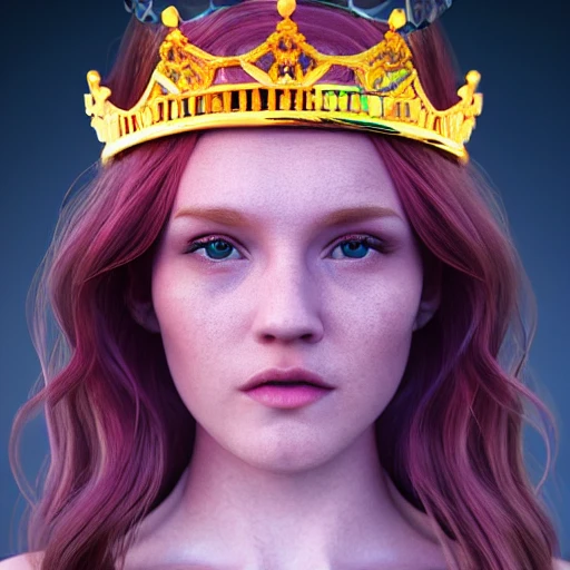 very detailed Hyper realistic 3d photo of a cute ginger young woman face with queen crown, neon, cyberpunk, detailled face, 8k, cinematic lighting, sharp focus,center face