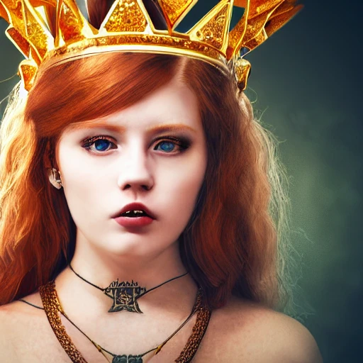 very detailed Hyper realistic photo of a cute ginger young woman face with a queen's golden crown, necklace made of jewelry, cyberpunk, detailled face, tattoo, 8k, cinematic lighting, sharp focus, concept art, fantasy, star background, center face