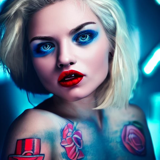 very detailed Hyper realistic photo of a cute young woman blonde face, blue eyes, red lips, face center, happy, cyberpunk, detailled face, tattoo, 8k, cinematic lighting, sharp focus, 