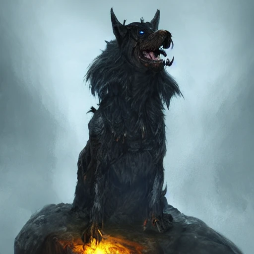 hellhound, with collar on, intense stare, ultra detailed fantasy, realistic, dnd character portrait, full body, dnd, rpg, lotr game design, by concept art, behance hd, artstation, deviantart, global illumination radiating a glowing , unreal engine 5, 3D, Oil Painting