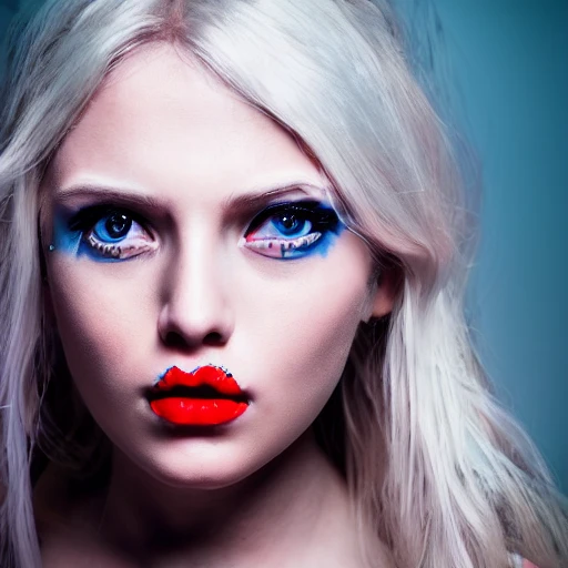 very detailed Hyper realistic photo of a cute young woman blonde face, blue eyes, red lips, face center, happy, cyberpunk, detailled face, tattoo, 8k, cinematic lighting, sharp focus, 