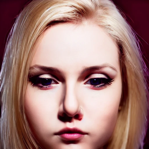 realistic photo of a cute young woman blonde face, face center, cyberpunk, detailled face, tattoo, 8k, cinematic lighting, sharp focus, center face