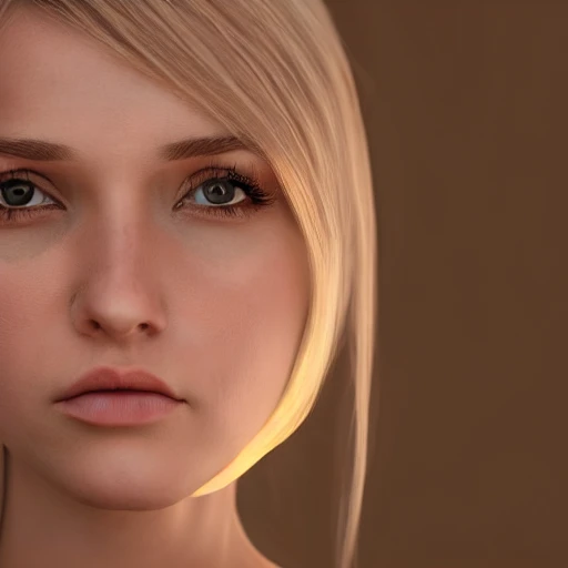 realistic photo of a cute young blonde woman, face center, very detailled face, 8k, cinematic lighting, digital art