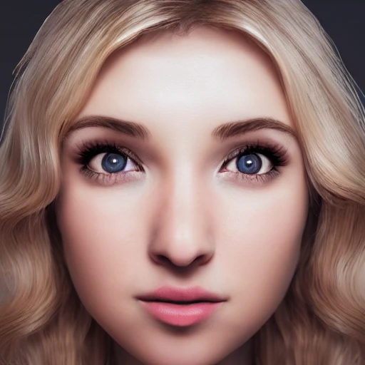 realistic photo studio portrait of a cute young blonde woman, face center, very detailled face, 8k, cinematic lighting, digital art