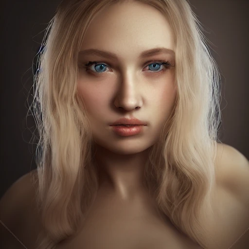 realistic photo studio of a cute young blonde woman, face center, very detailled face, 8k, cinematic lighting, digital art