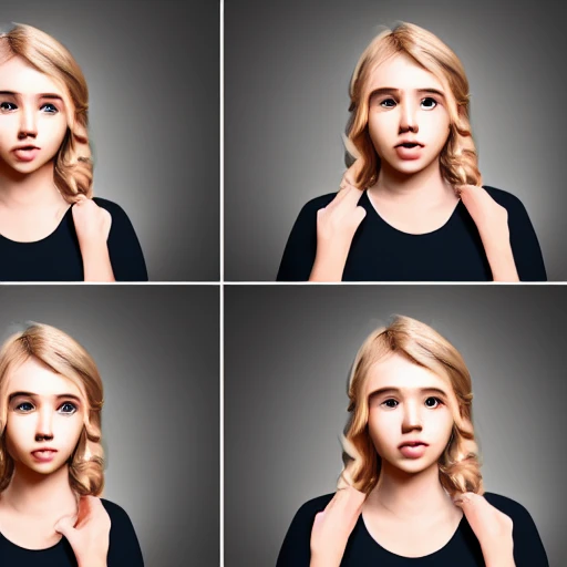 realistic photo studio of a cute young blonde woman with a tshirt, face center, very detailled face, 8k, cinematic lighting, digital art