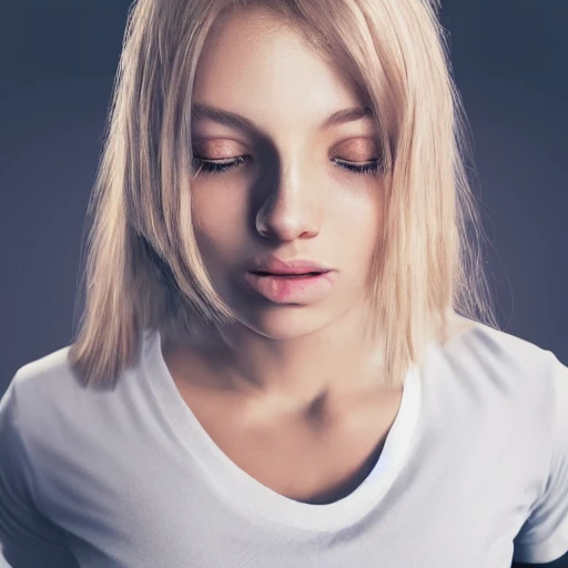 realistic photo of a cute young blonde woman with a tshirt, face center, very detailled face, 8k, cinematic lighting, digital art