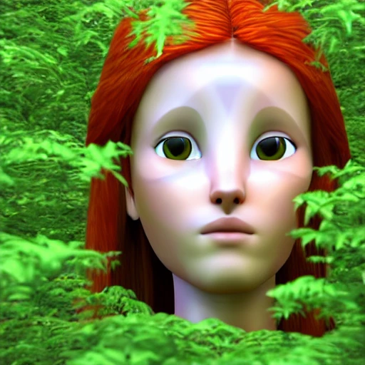 3d render of a young woman face avatar on a orange forest, digit art