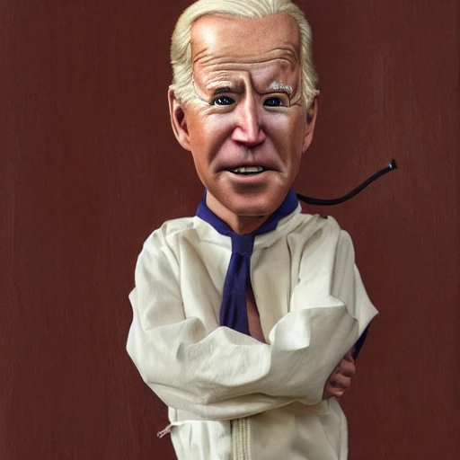 very detailed Hyper realistic photo of [(Joe Biden) as Pinnocchio] (wooden puppet), wearing a white straitjacket, highly detailed, digital painting, artstation, 8k, concept art, smooth, sharp focus, illustration, cinematic lighting, high octane render, detailed environment, [extremity detailed face], [perfect human face], art by Travis Goldmann-Couch and Ivan Laliashvili and tomasz alen kopera and justin, high key lighting, highly detailed, fine detail, intricate, award - winning, Ultra realistic, rim light