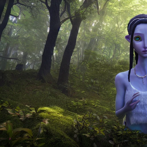 3d render of a young woman avatar on a forest, 8k, lighting cinematic, digit art, fantasy