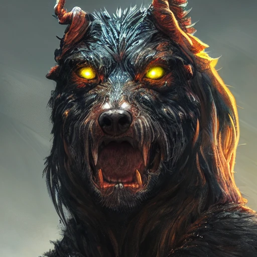 hellhound, intense stare, ultra detailed fantasy, realistic, close up character portrait, full body, dnd, rpg, lotr game design, by concept art, behance hd, artstation, deviantart, global illumination radiating a glowing , unreal engine 5, 3D, Oil Painting