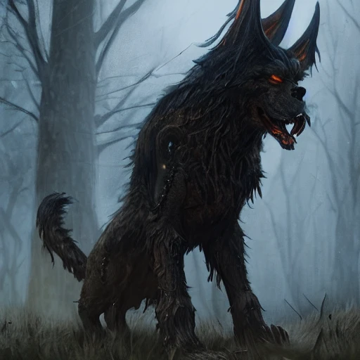 hellhound, looking at camera, intense stare, show legs with big paws, ultra detailed fantasy, realistic, full body, symmetry, dnd, rpg, lotr game design, by concept art, behance hd, artstation, deviantart, global illumination radiating a glowing , unreal engine 5, 3D, Oil Painting