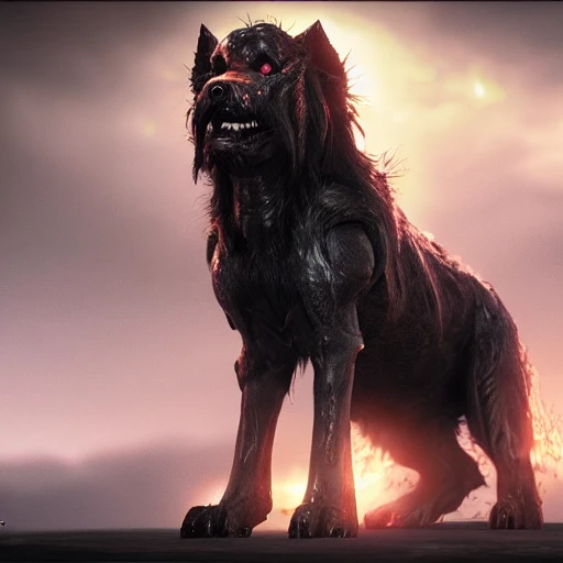 hellhound, looking at camera, intense stare, show legs with big paws, ultra detailed fantasy, realistic, full body, symmetry, dnd, rpg, lotr game design, by concept art, behance hd, artstation, deviantart, global illumination radiating a glowing , unreal engine 5, 3D, Oil Painting