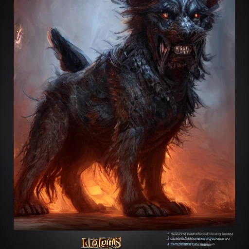 hellhound, looking at camera, intense stare, show legs with big paws, ultra detailed fantasy, realistic, full body, symmetry, dnd, rpg, lotr game design, by concept art, behance hd, artstation, deviantart, global illumination radiating a glowing , unreal engine 5, 3D, Oil Painting